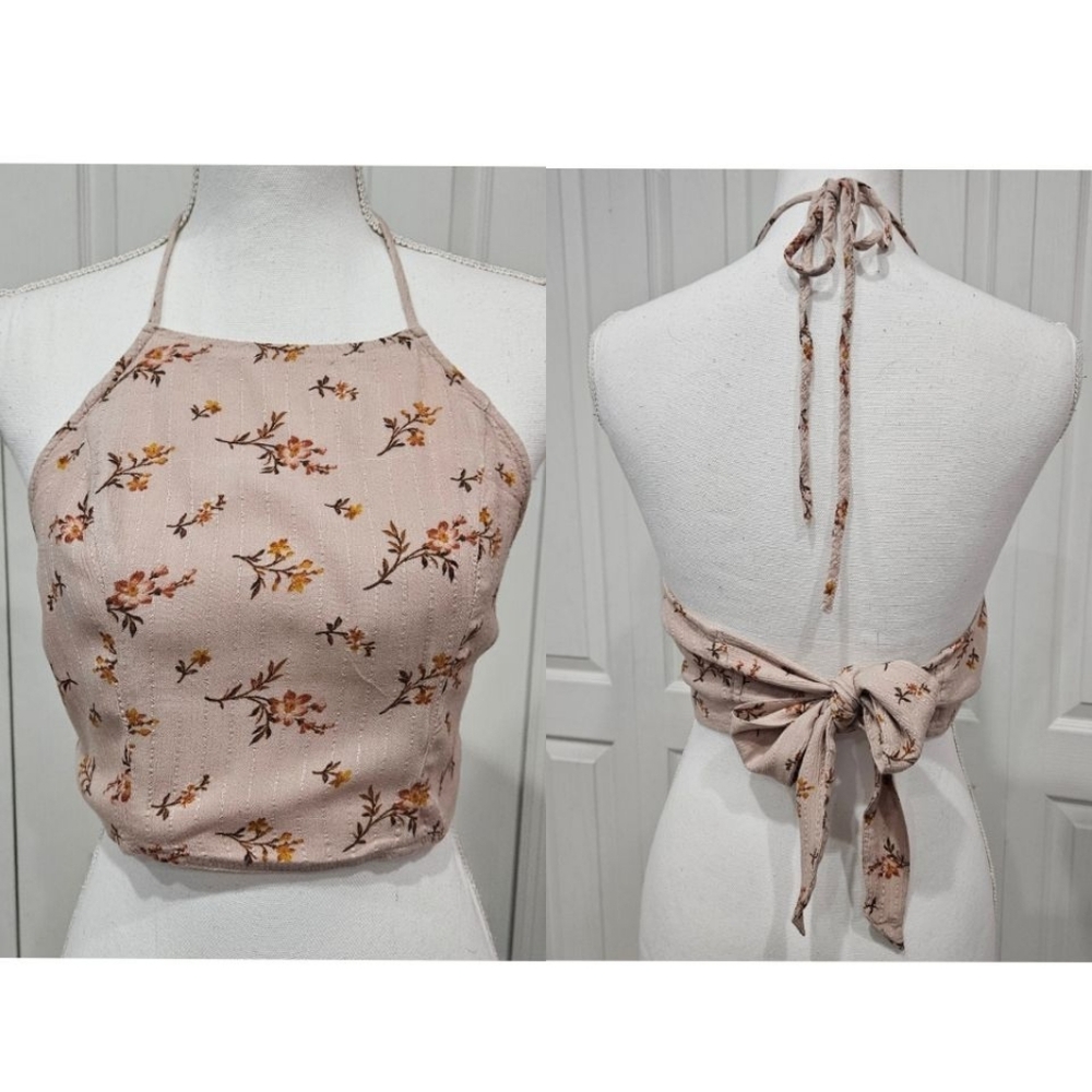 🦅AMERICAN EAGLE Bow Tie Tan Light Pink Floral Halter Size XS Adjustable